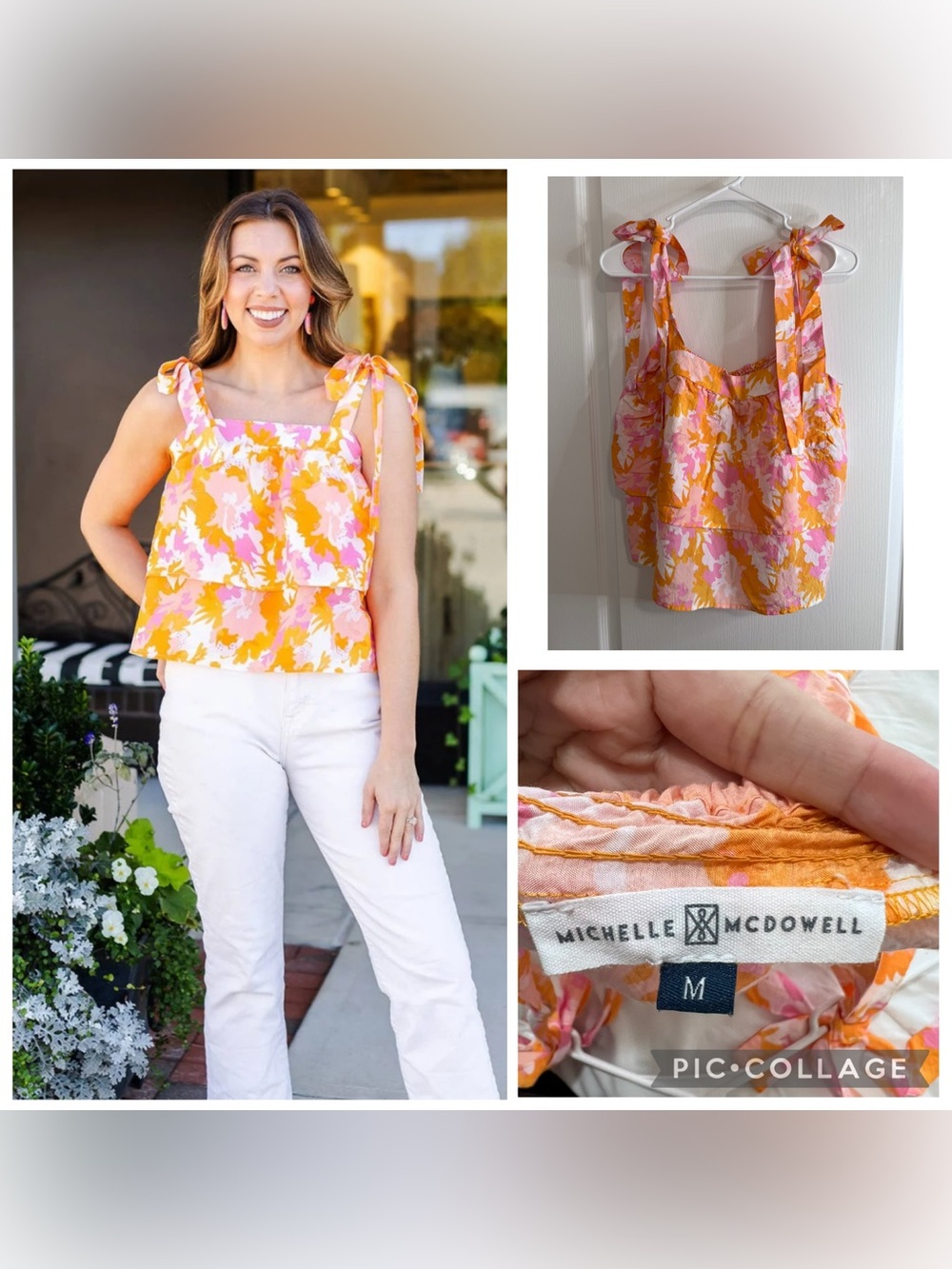 MICHELL MCDOWELL Pink & Orange Floral Tie-Shoulder Tiered Tank Top size M